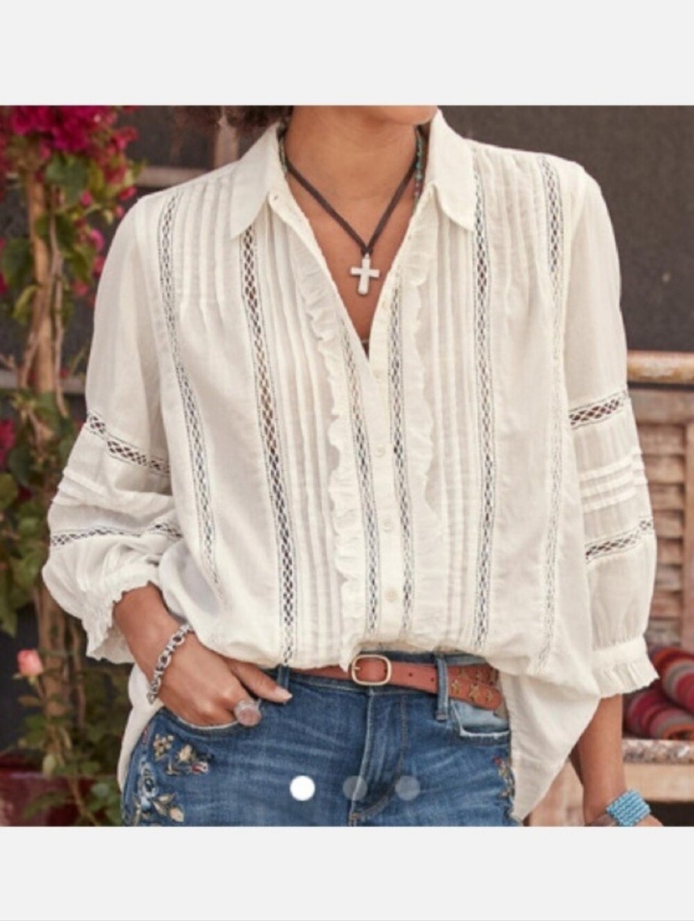 Sundance White Lace-Trim Button Down Blouse XL